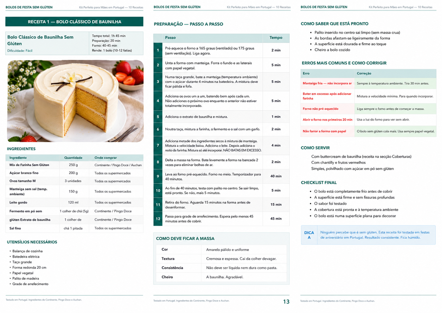 Páginas reais do interior do eBook com receita, passo a passo, erros comuns e checklist