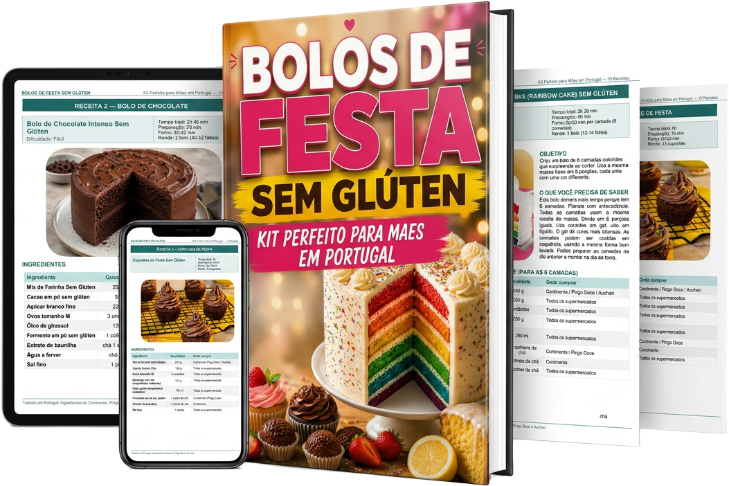 Kit Bolos de Festa Sem Glúten — livro, tablet, telemóvel e bónus