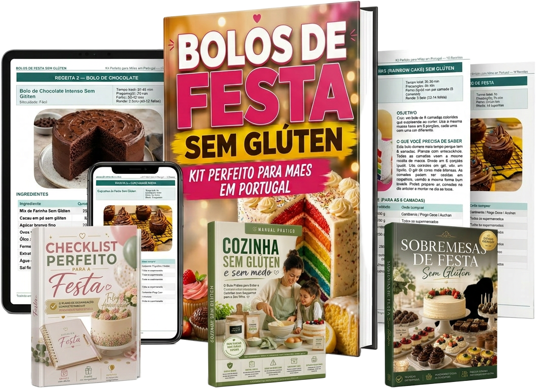 Kit Bolos de Festa Sem Glúten — livro, tablet, telemóvel e bónus